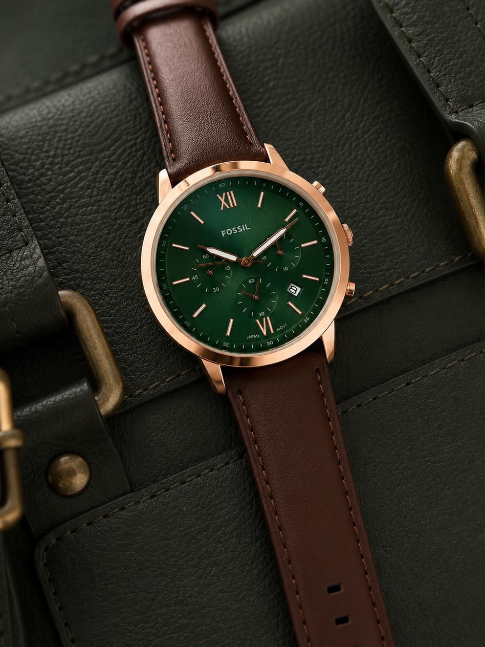 Fossil Green Dial Rose Gold Chronograph