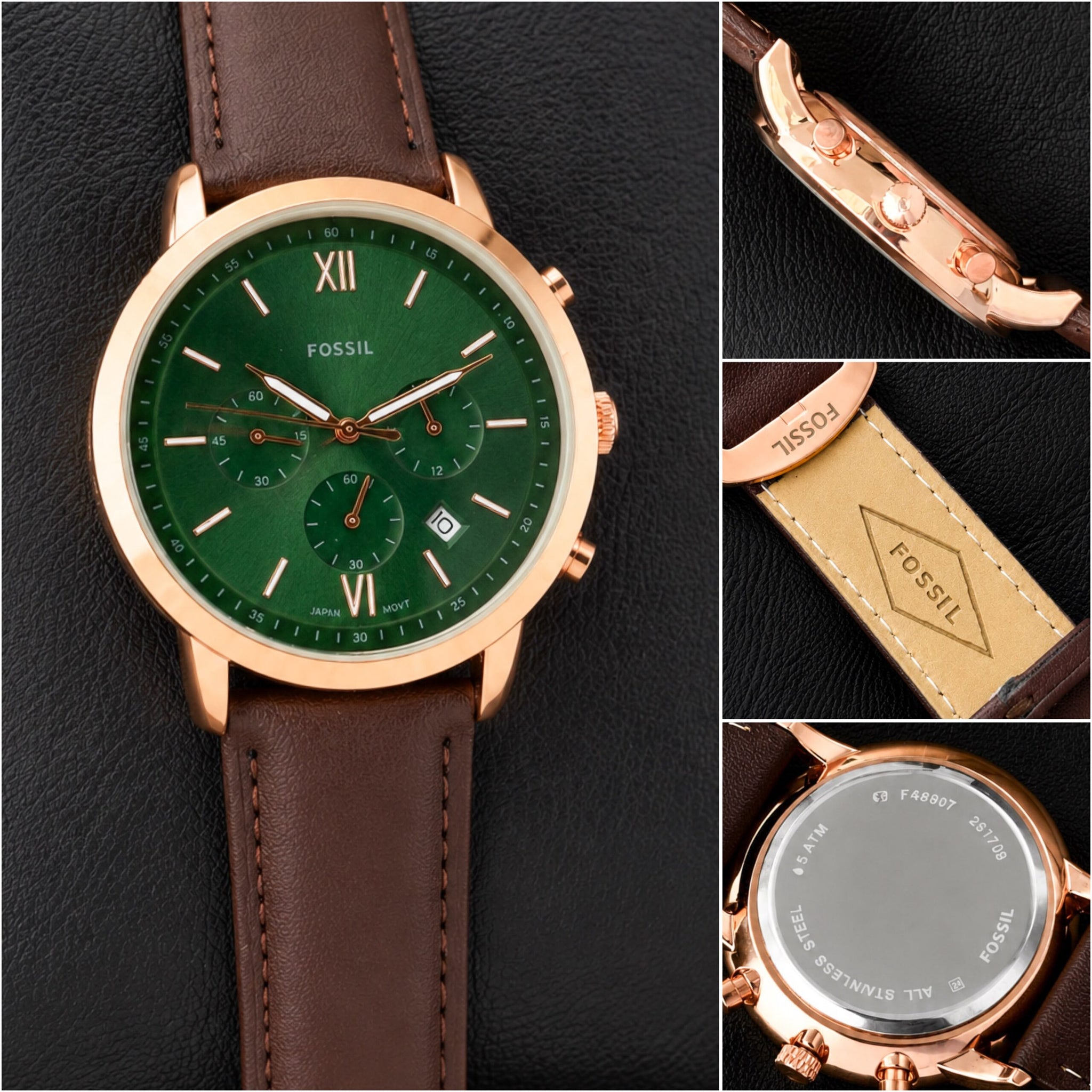 Fossil Green Dial Rose Gold Chronograph