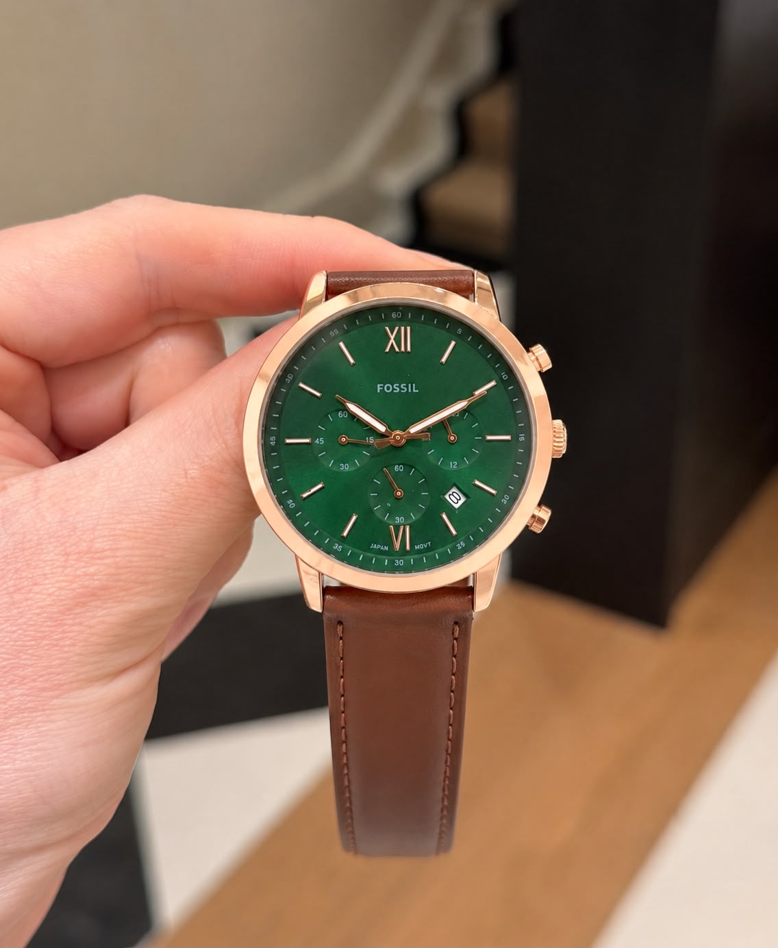 Fossil Green Dial Rose Gold Chronograph