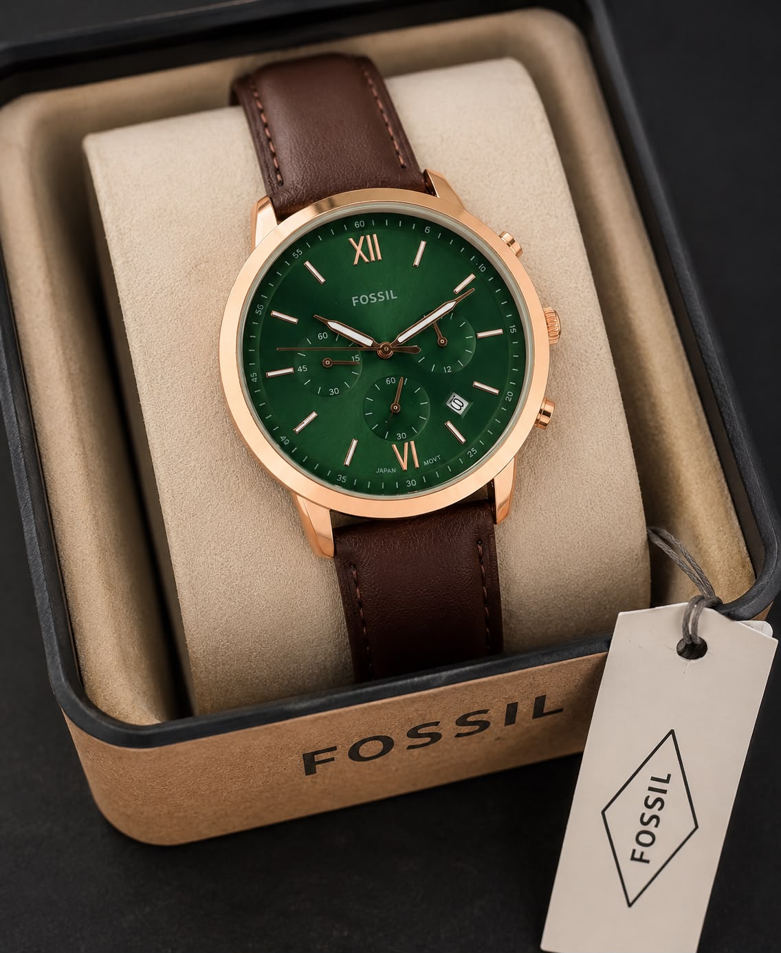Fossil Green Dial Rose Gold Chronograph