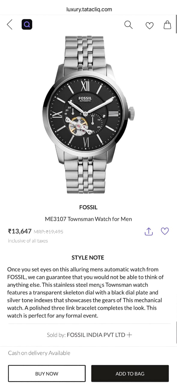 Fossil Townsman Automatic ME3107 Silver