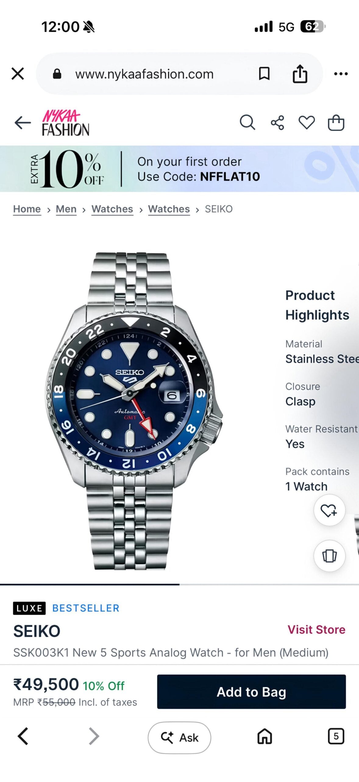 Seiko GMT Automatic Blue Dial