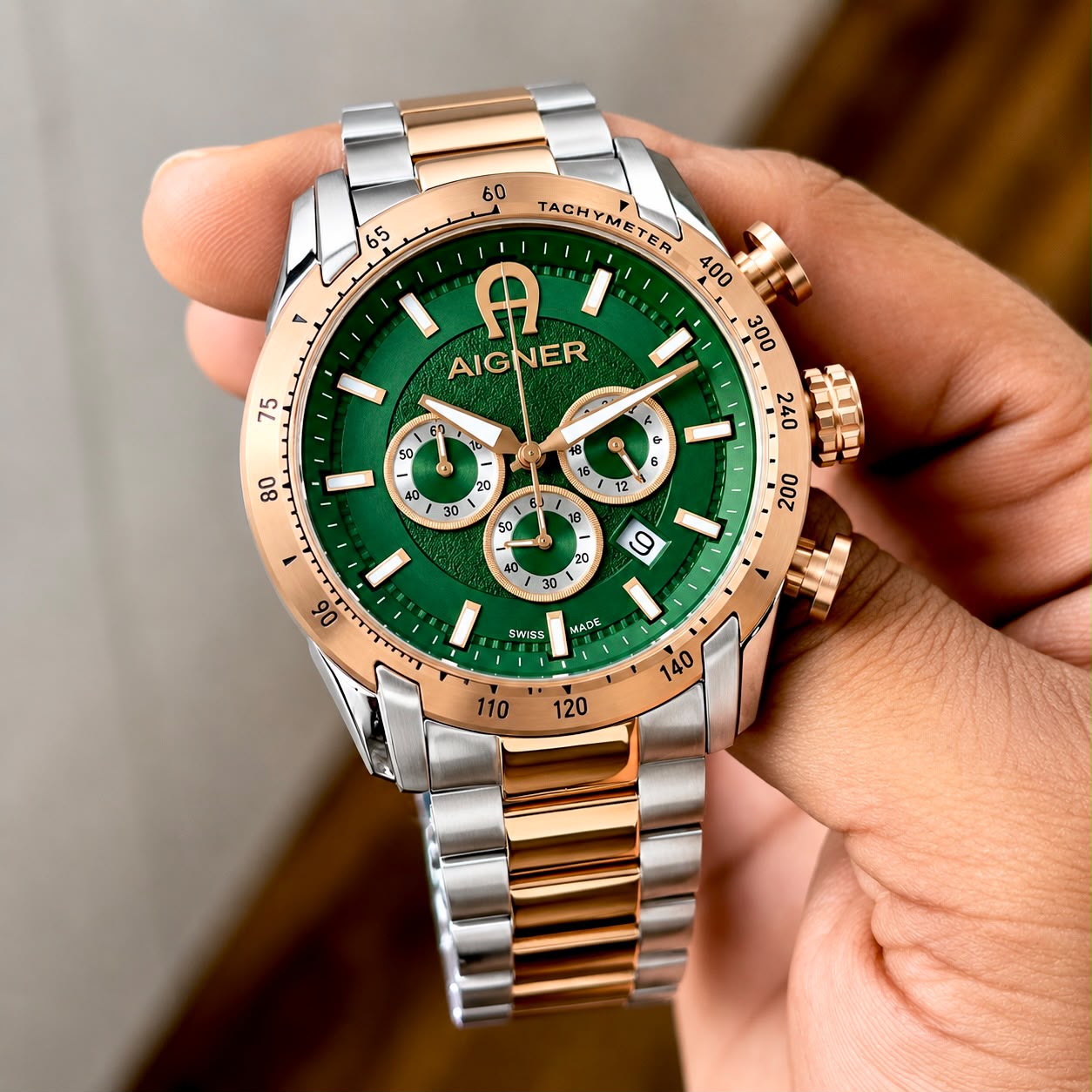 Aigner Green Dial Chronograph Rose Gold