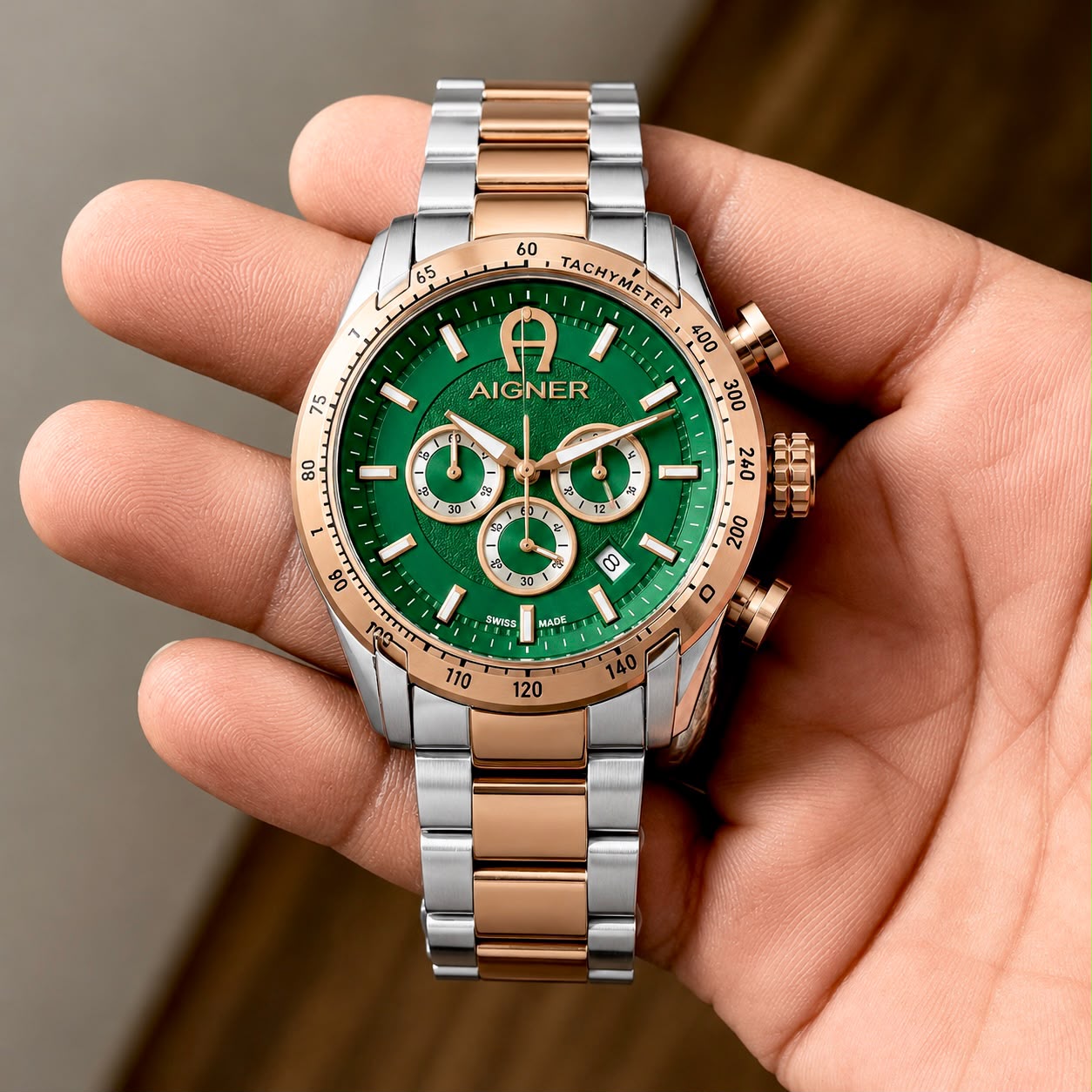 Aigner Green Dial Chronograph Rose Gold