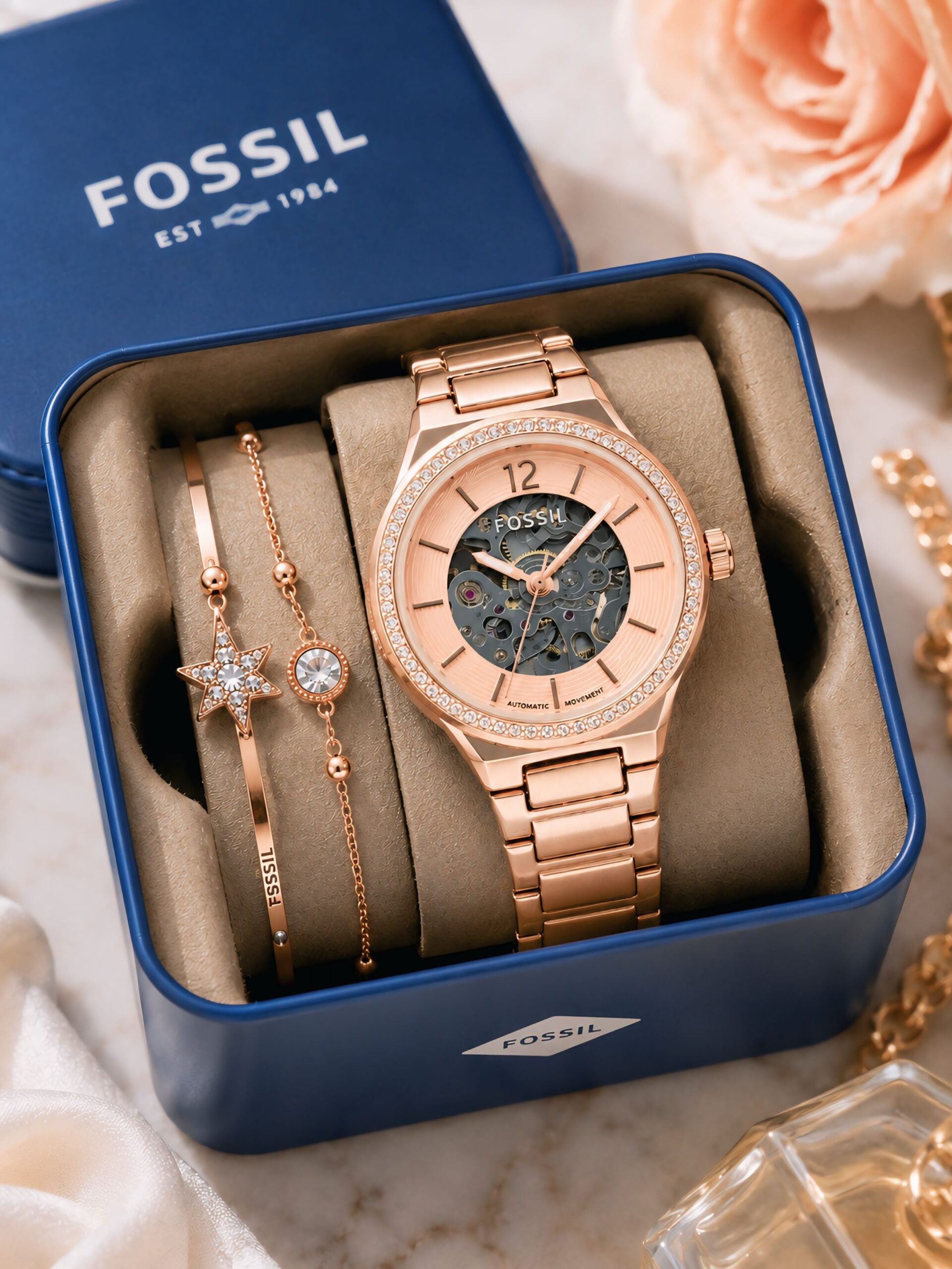 Fossil Eevie Skeleton Automatic Rose Gold
