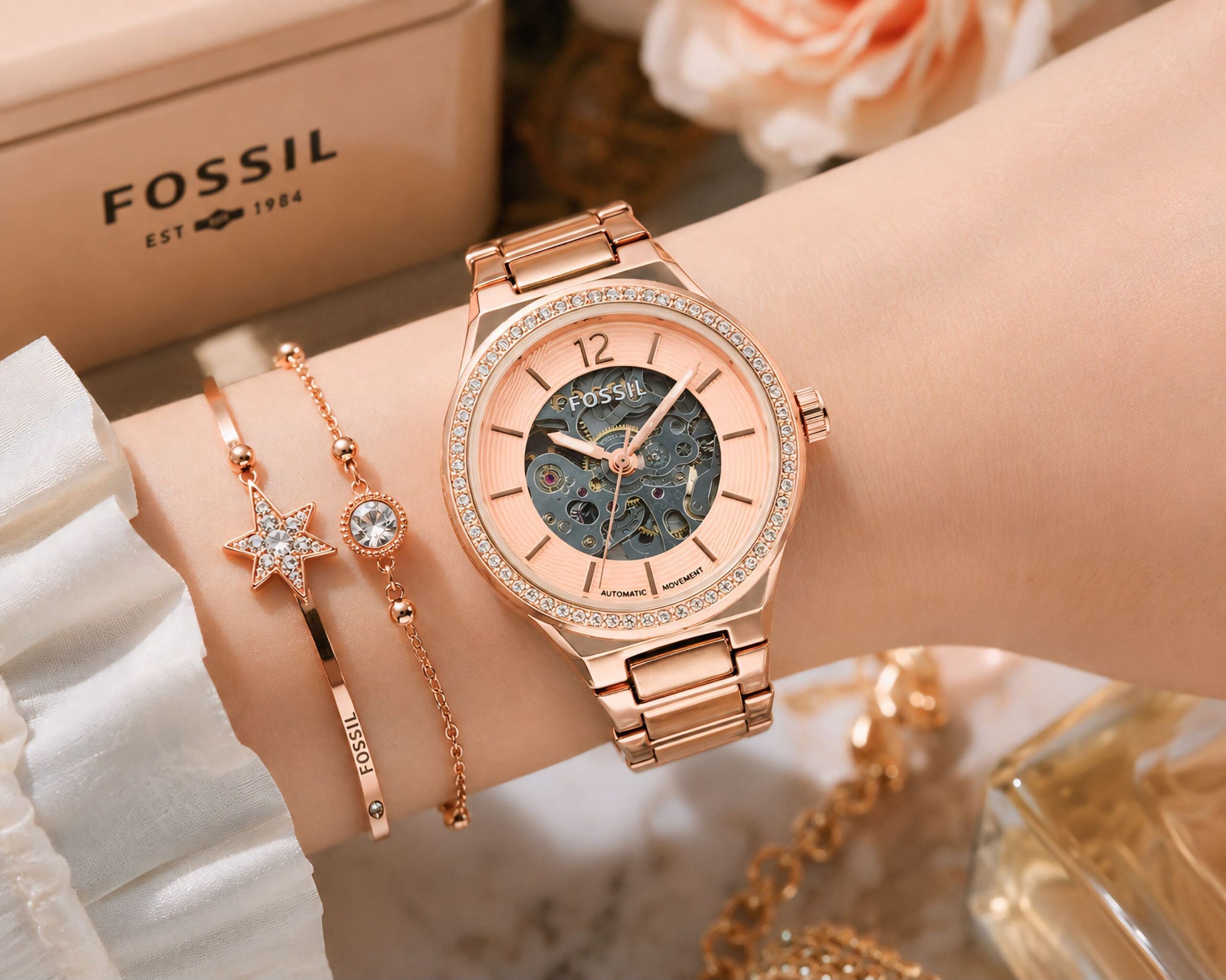 Fossil Eevie Skeleton Automatic Rose Gold