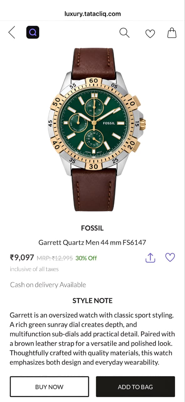 Fossil Garrett FS6147 Green Dial
