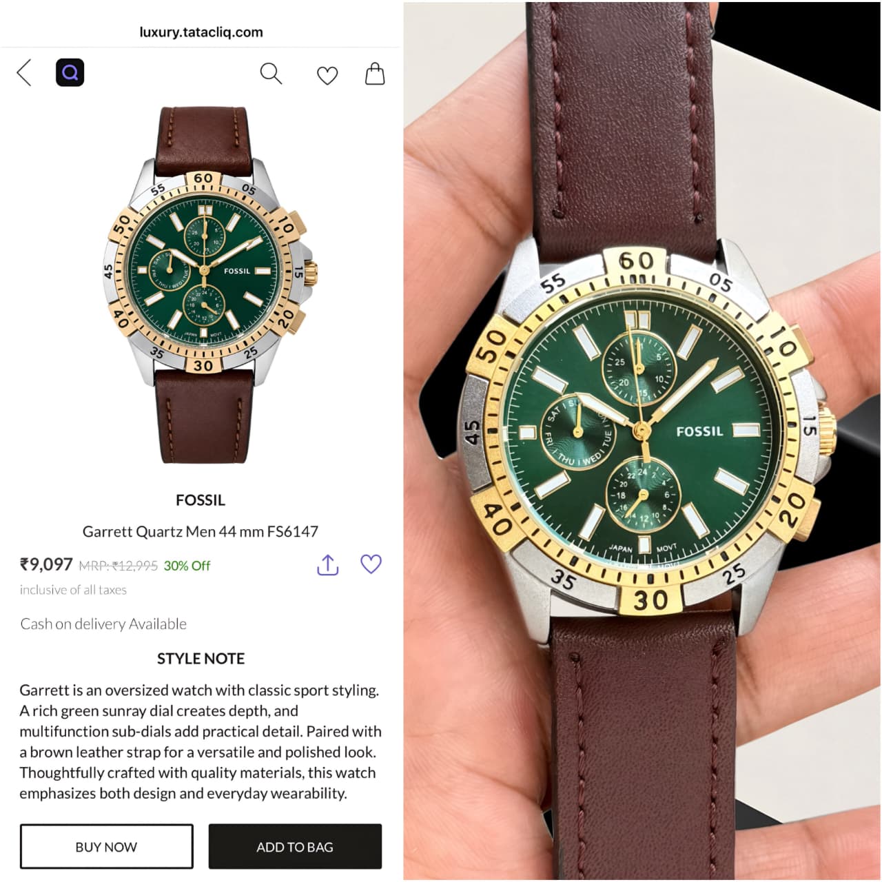 Fossil Garrett FS6147 Green Dial