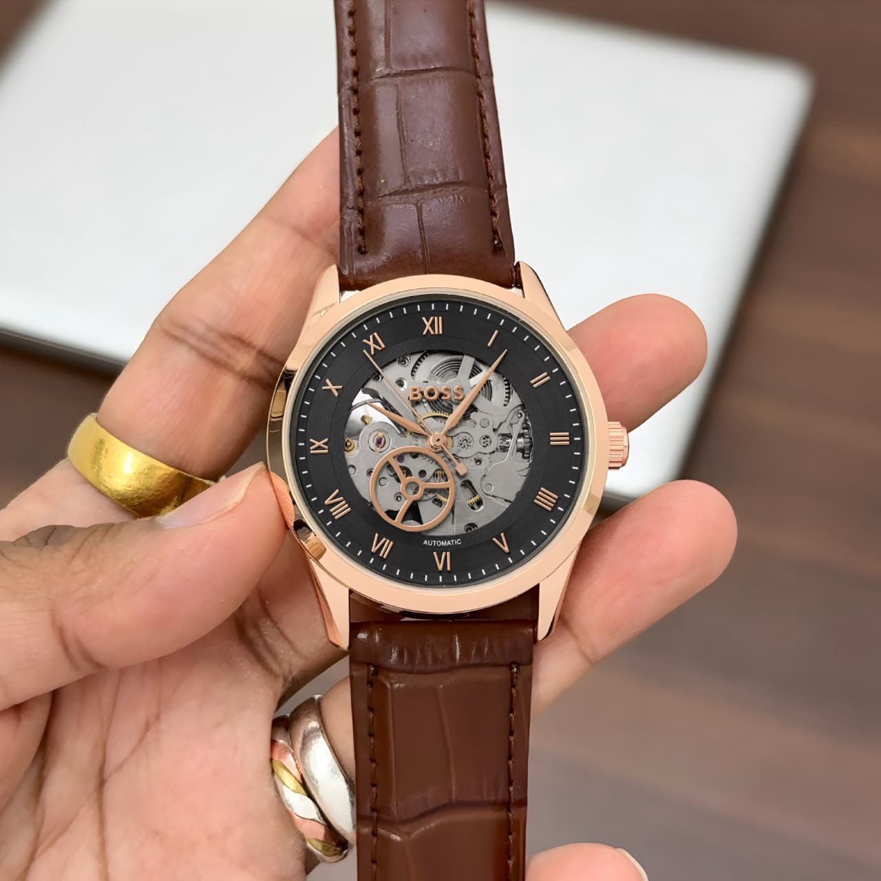Boss Automatic Black Textured Dial Skeleton