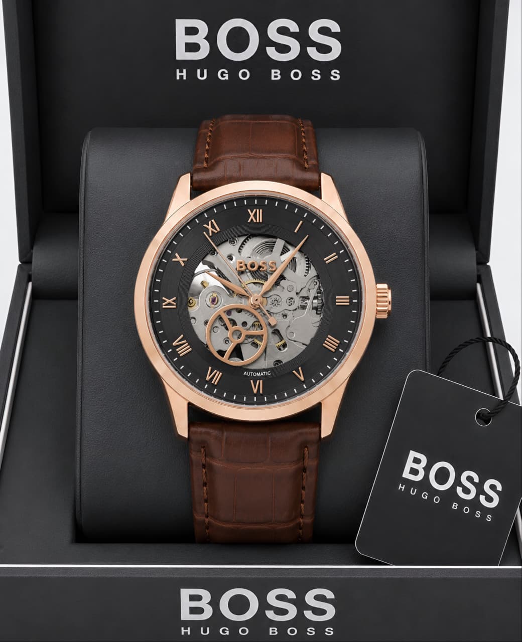Boss Automatic Black Textured Dial Skeleton