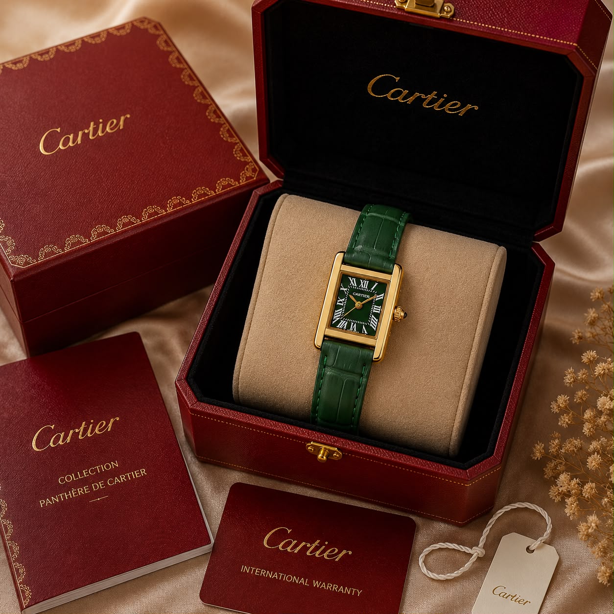 Cartier Tank Style Green Gold-Tone Square Dial