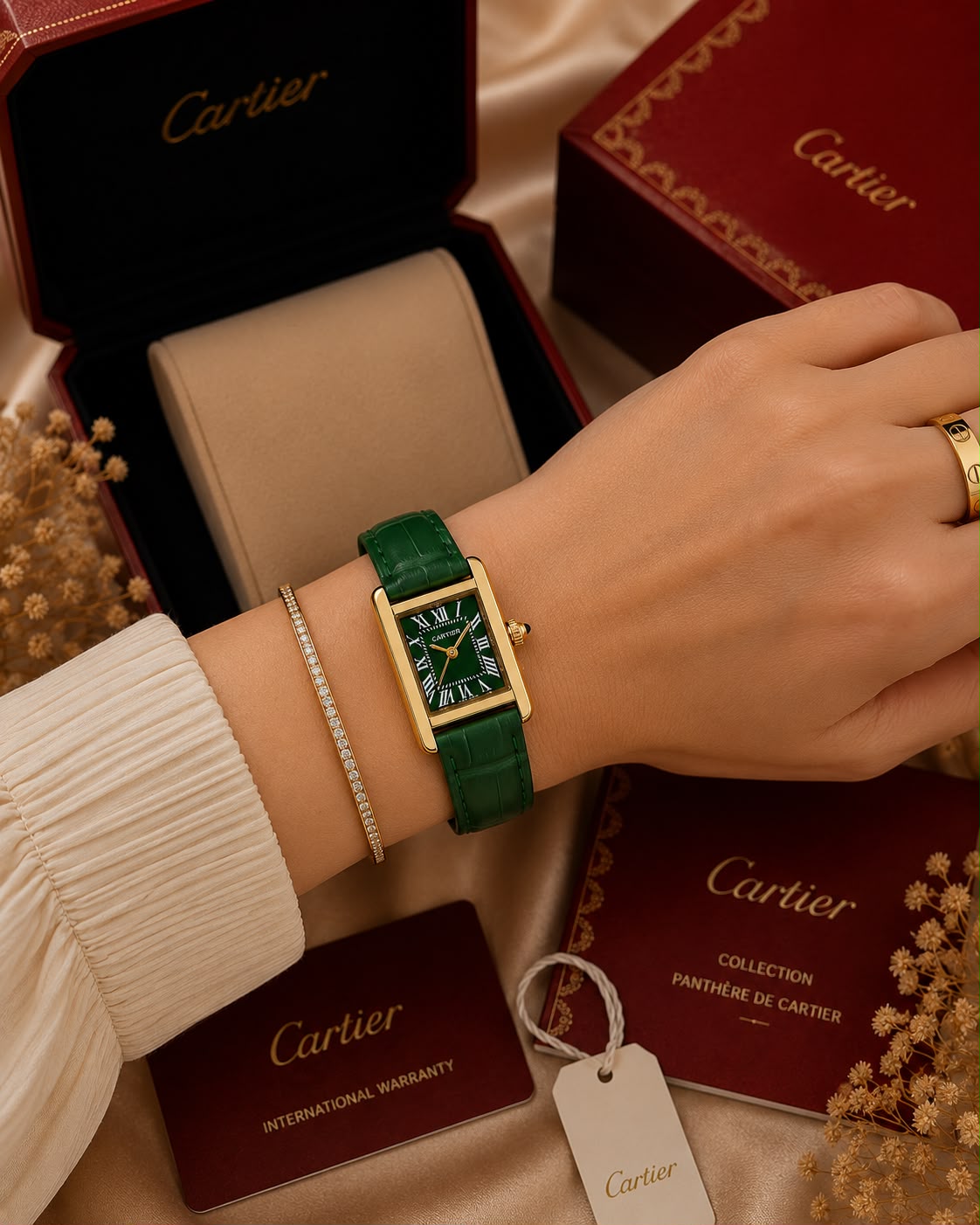 Cartier Tank Style Green Gold-Tone Square Dial