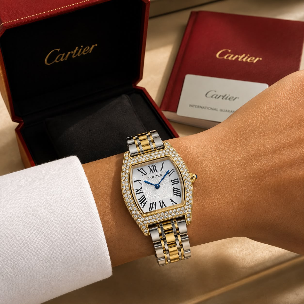 Cartier Tortue Style White Guilloche Dial