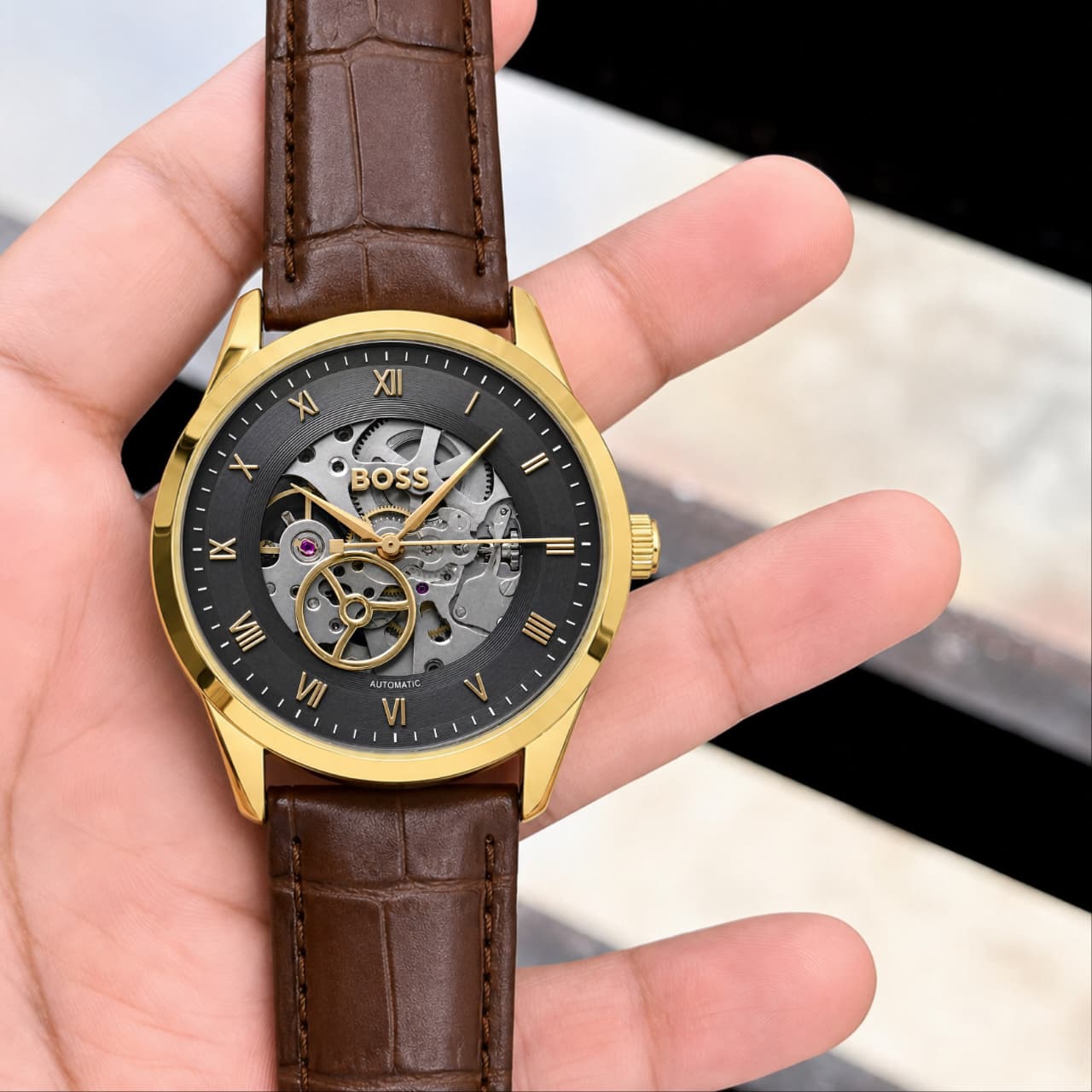 Boss Automatic Black Textured Skeleton Dial