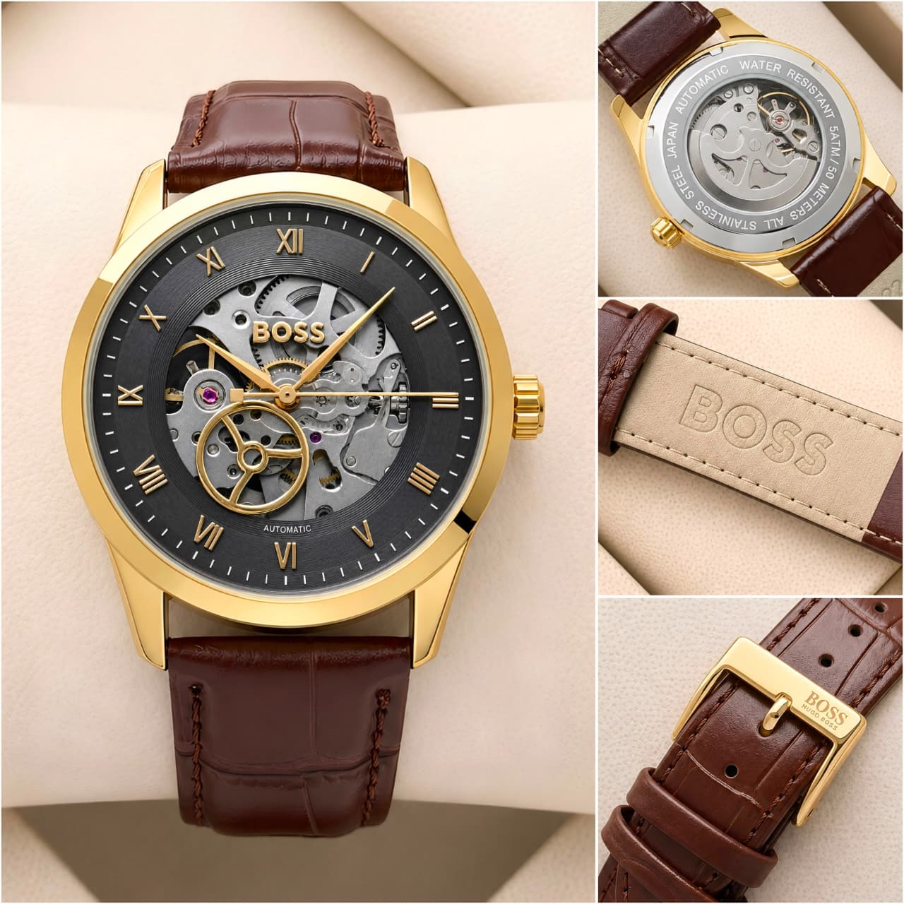 Boss Automatic Black Textured Skeleton Dial