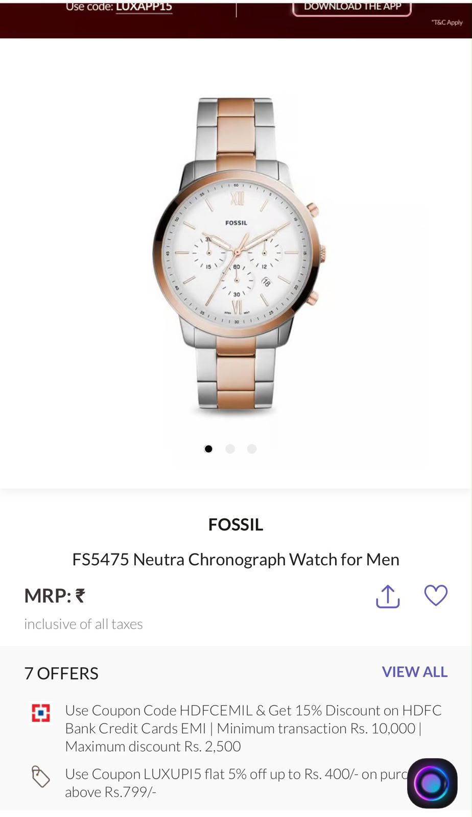 Fossil Chronograph White Dial Two-Tone