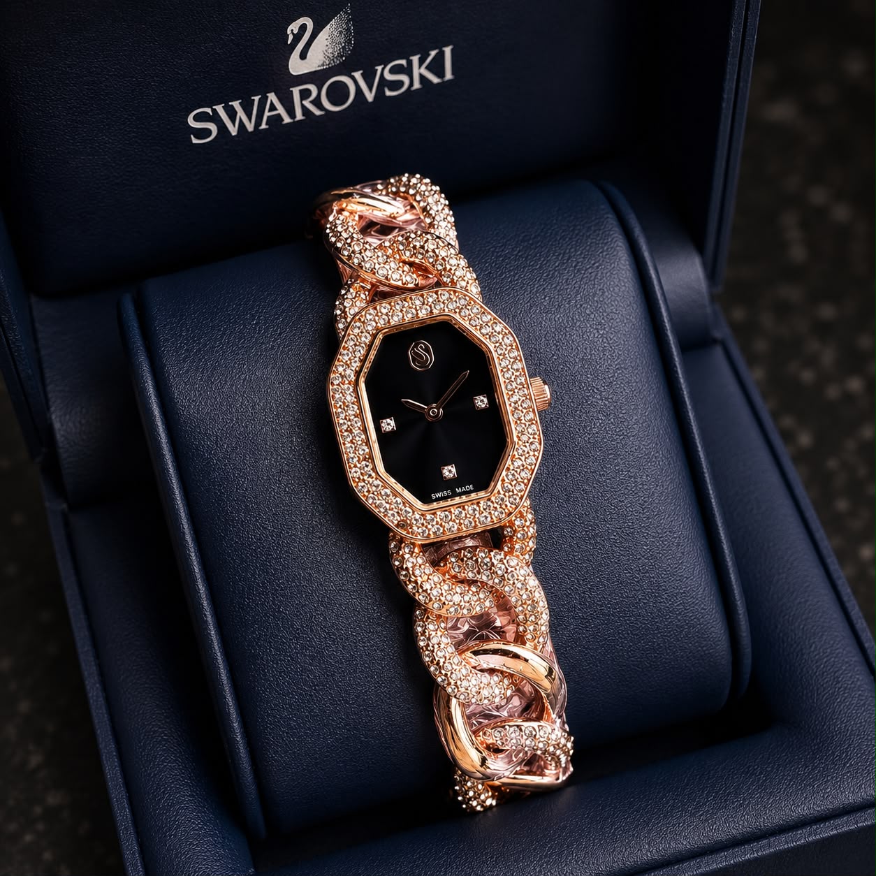 Swarovski Rose Gold Black Diamond Dial