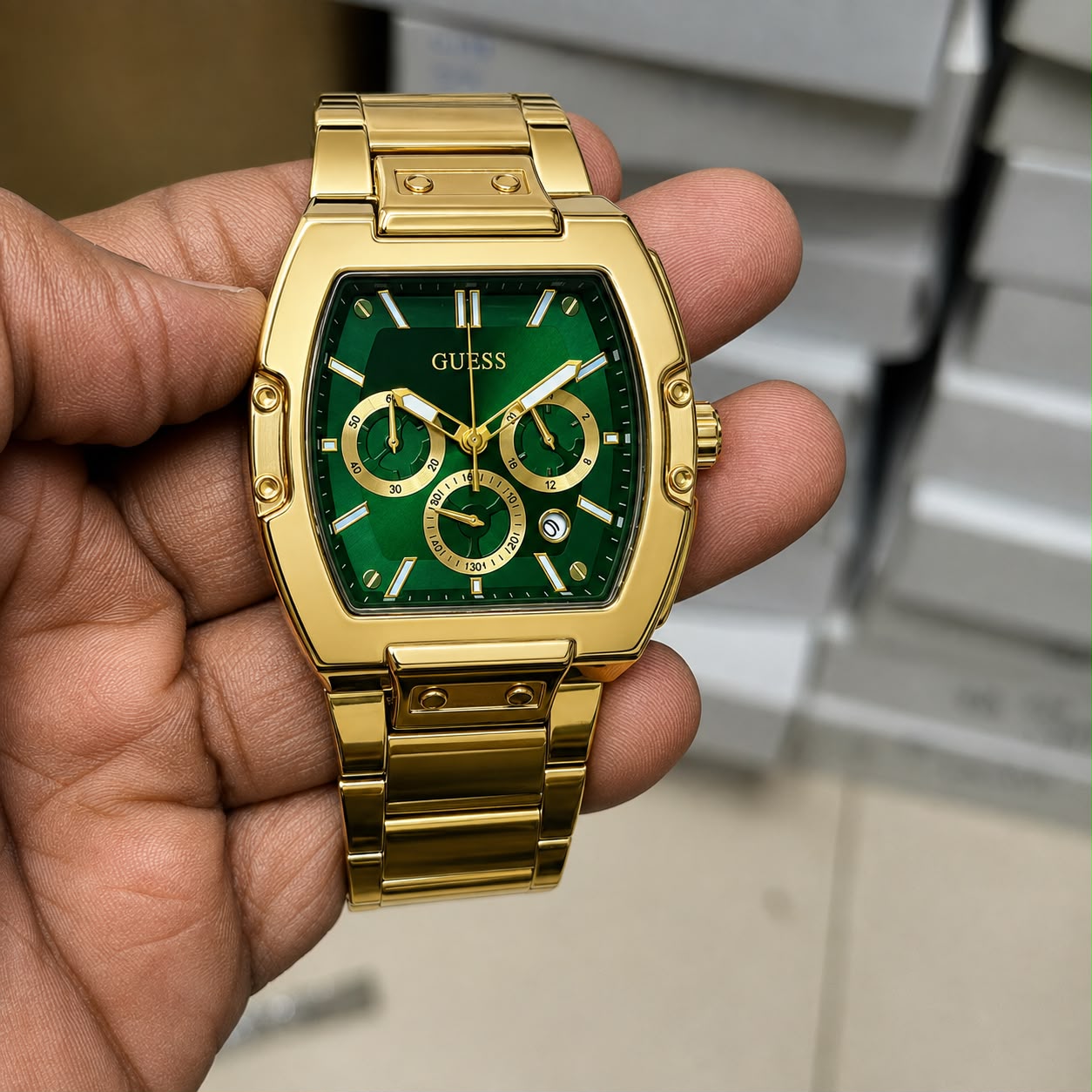 Guess Phoenix Rectangle Gold Tone Analog