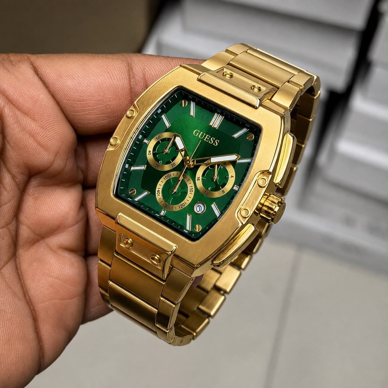 Guess Phoenix Rectangle Gold Tone Analog