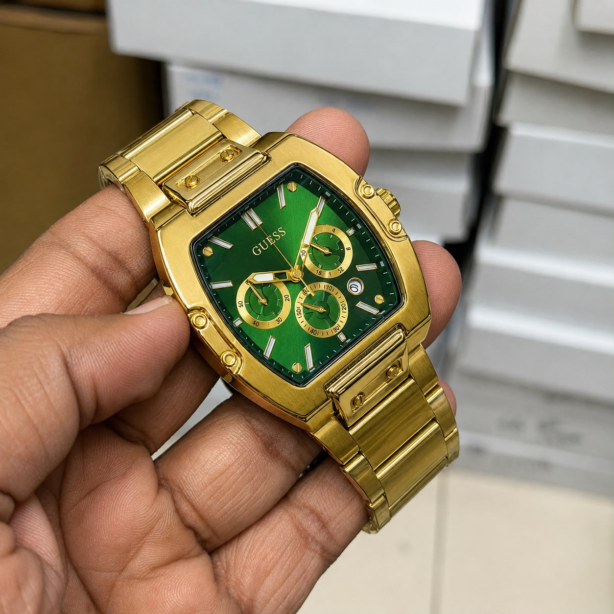 Guess Phoenix Rectangle Gold Tone Analog