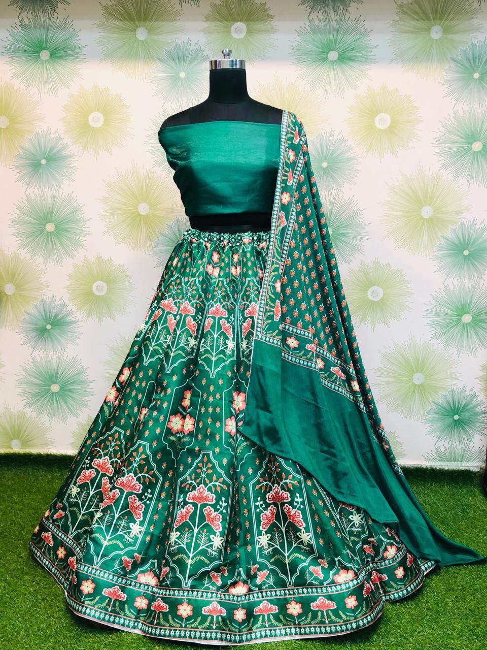 Lehenga Choli in Green Color with Printed Silk and Blouse