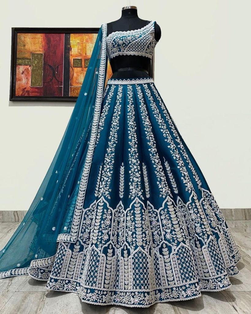 Teal Blue Silk Lehenga Choli with Heavy Embroidery thread Work