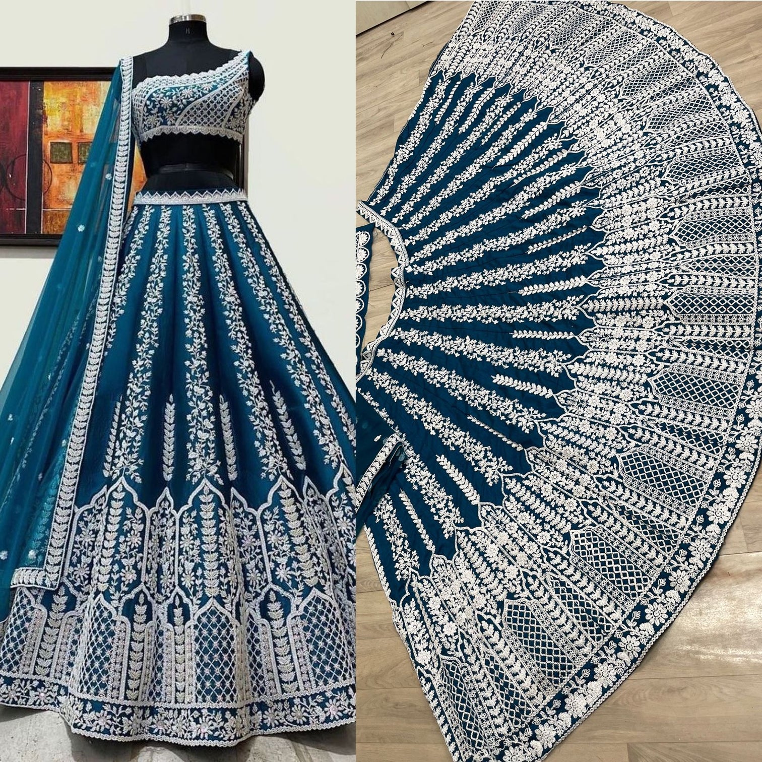Teal Blue Silk Lehenga Choli with Heavy Embroidery thread Work