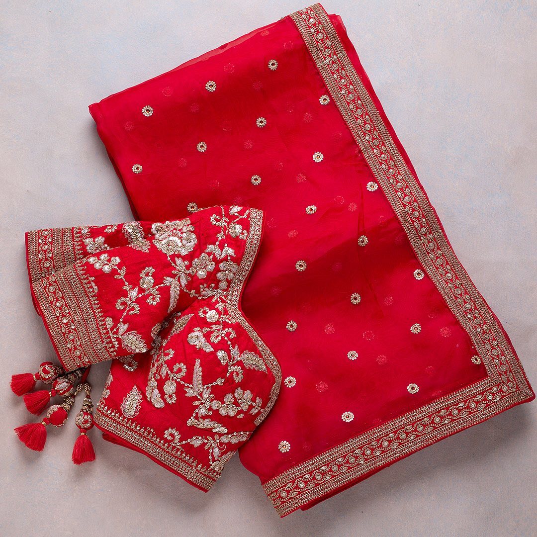 Red Bridal Organza Saree with Heavy Sequins and Dori work