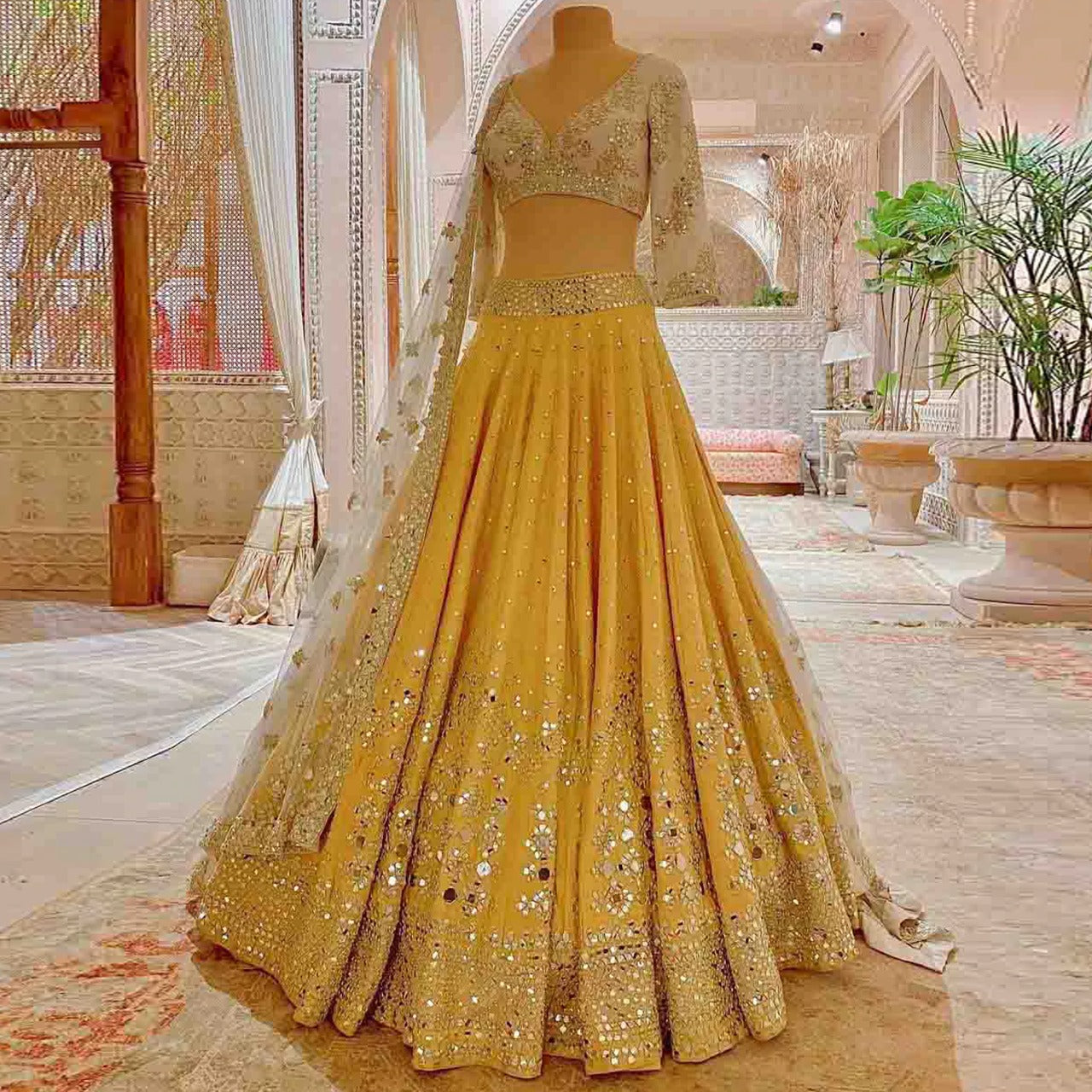 Mustard Yellow Lehenga Choli with Real Mirror Work