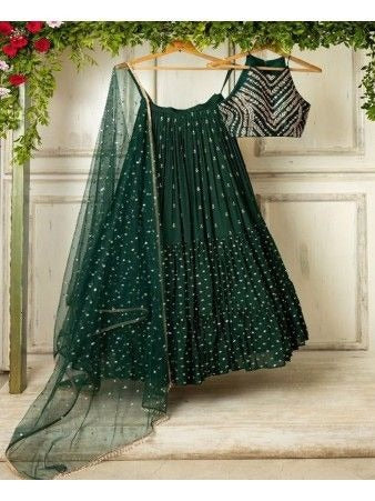 Bottle Green Designer Ruffle Lehenga Choli with Embroidery Work