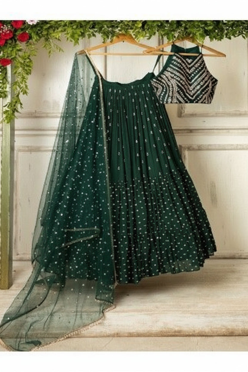 Bottle Green Designer Ruffle Lehenga Choli with Embroidery Work