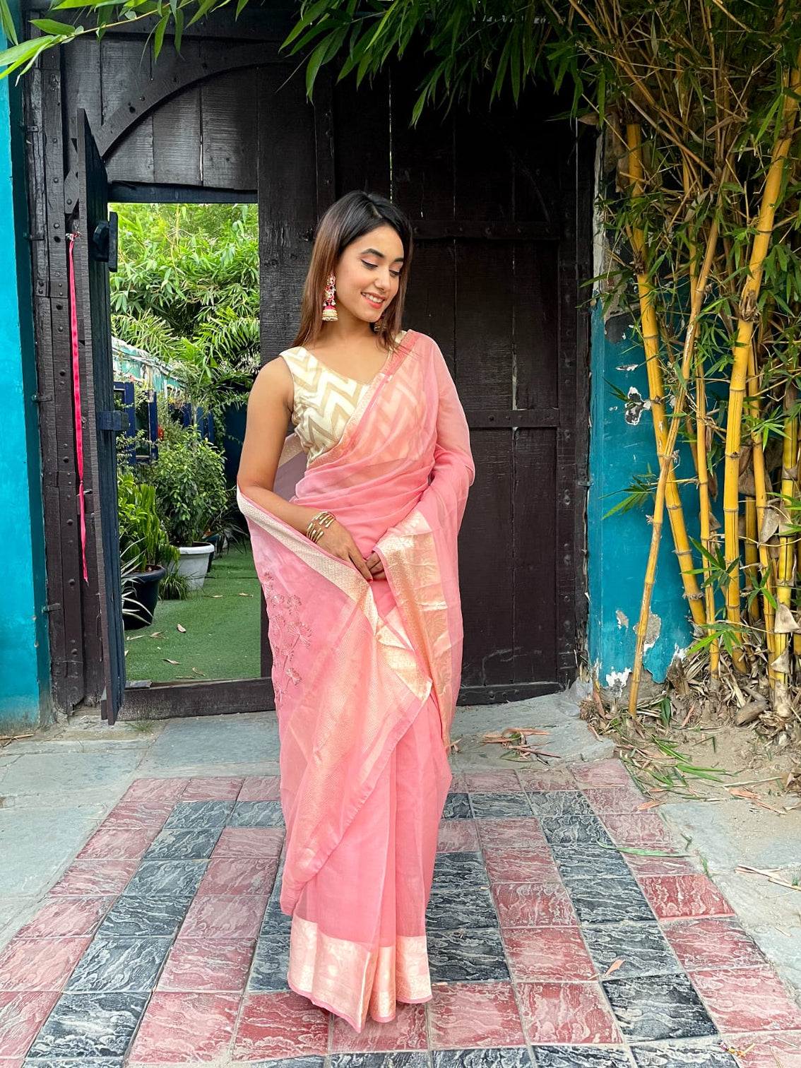Pink color Pure Organza Saree with Jacquard Blouse