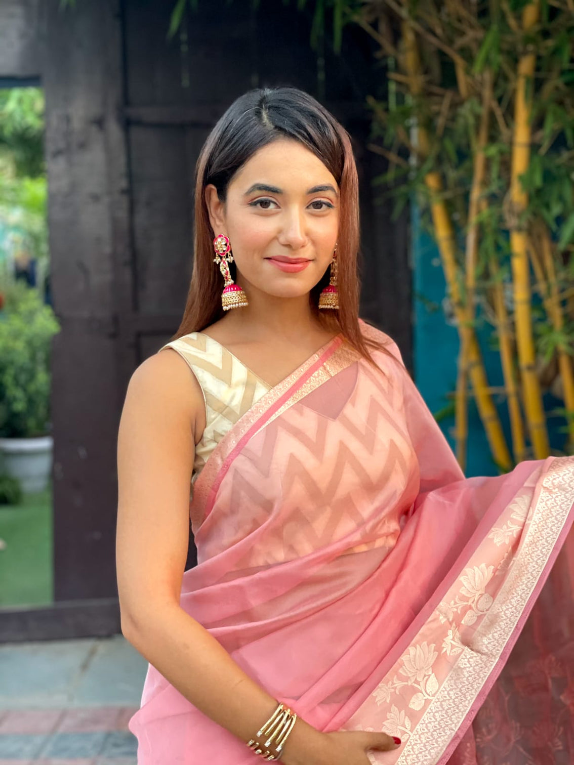 Pink color Pure Organza Saree with Jacquard Blouse