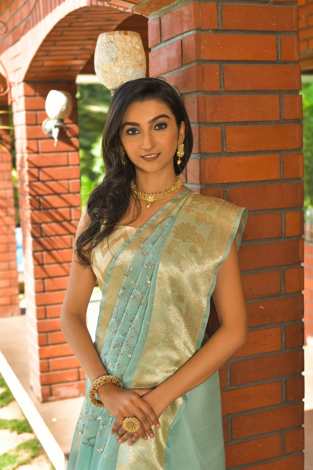 Mint Green color Pure Organza Saree with Jacquard Blouse