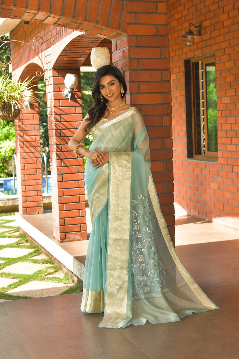 Mint Green color Pure Organza Saree with Jacquard Blouse