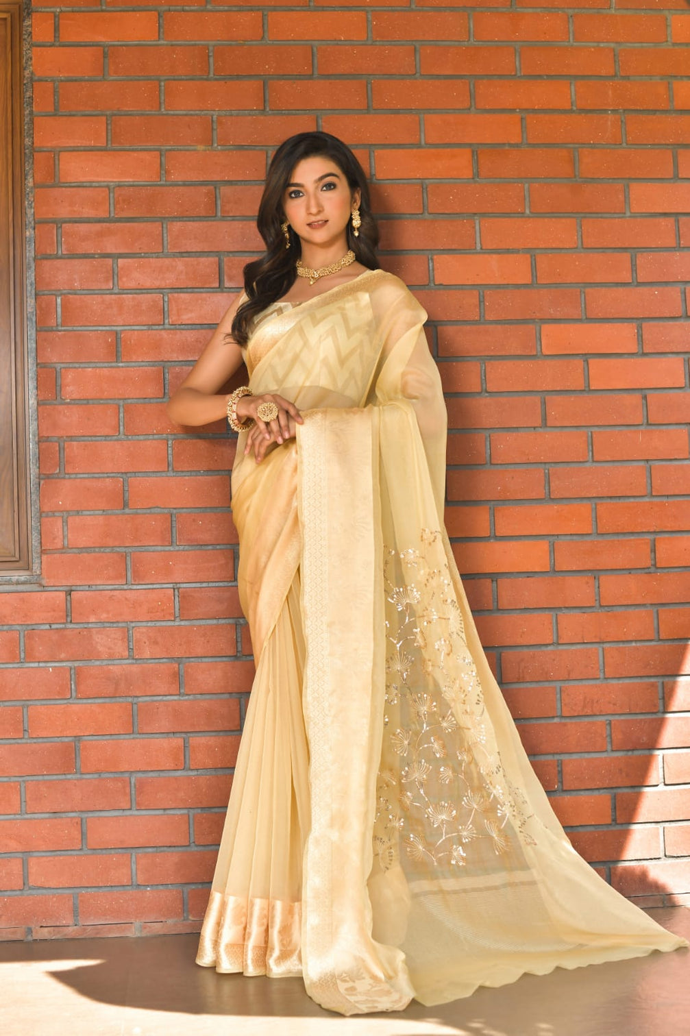 Yellow color Pure Organza Saree with Jacquard Blouse