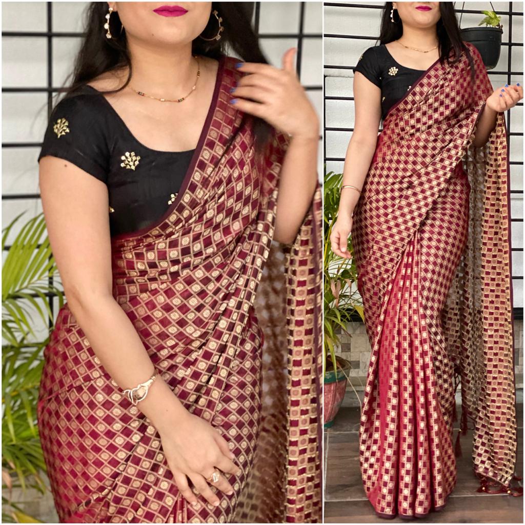 Maroon Jacquard Saree with Black Sequence Blouse