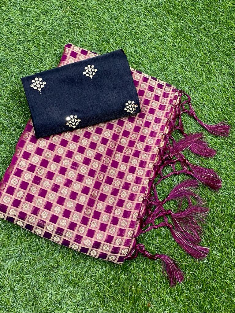 Maroon Jacquard Saree with Black Sequence Blouse