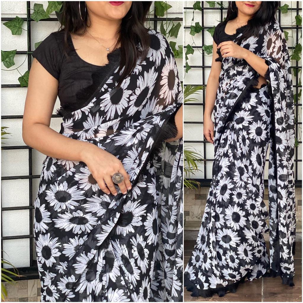 Black Floral printed Georgette Saree with Silk Blouse