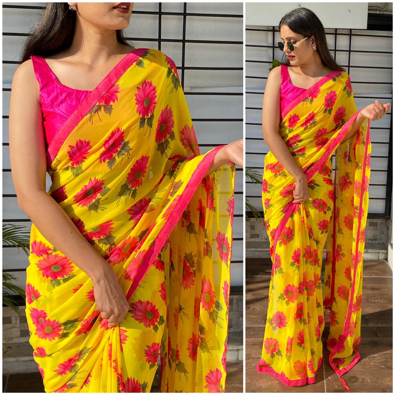 Yellow Floral printed Georgette Saree with Silk Blouse