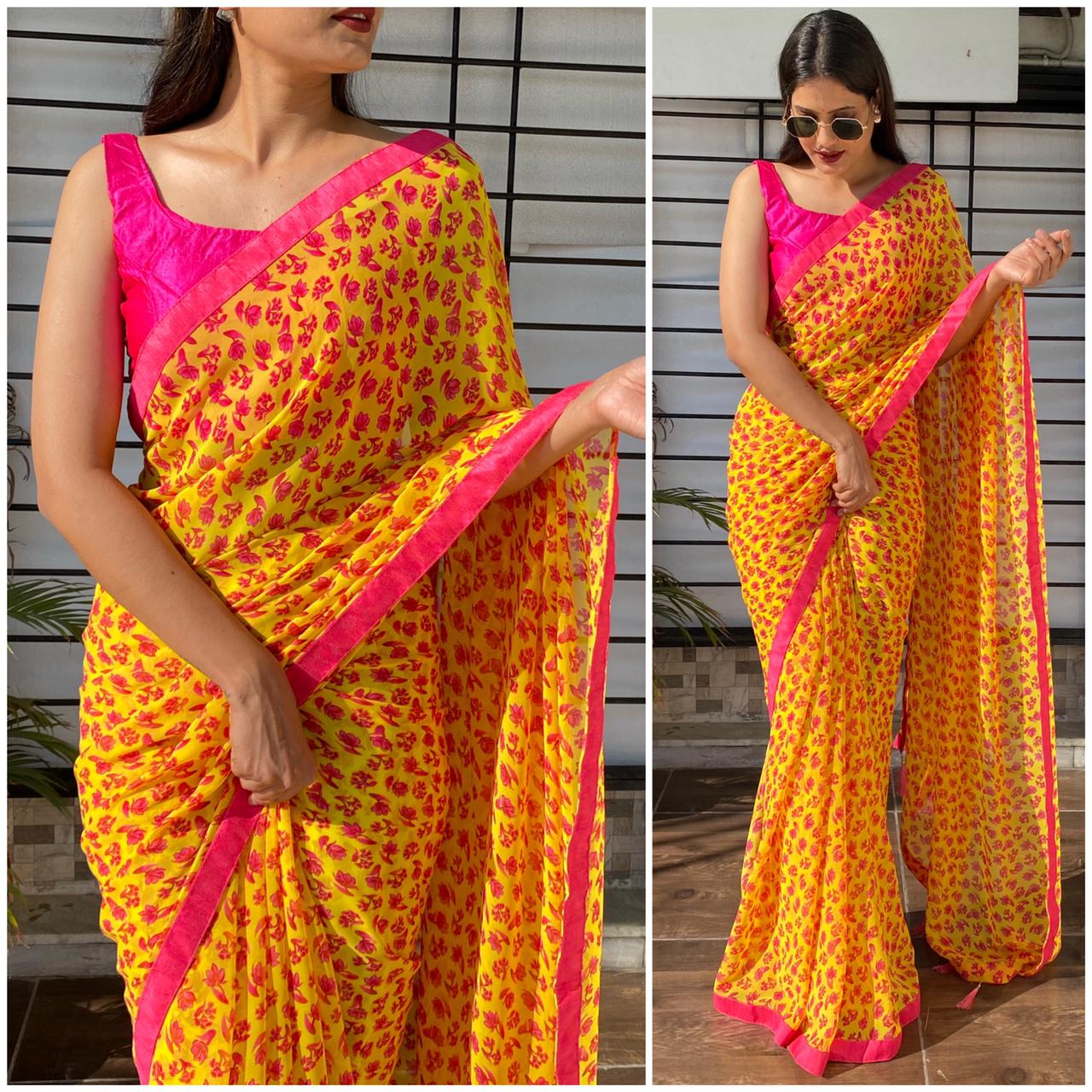 Yellow Floral printed Georgette Saree with Lace Border