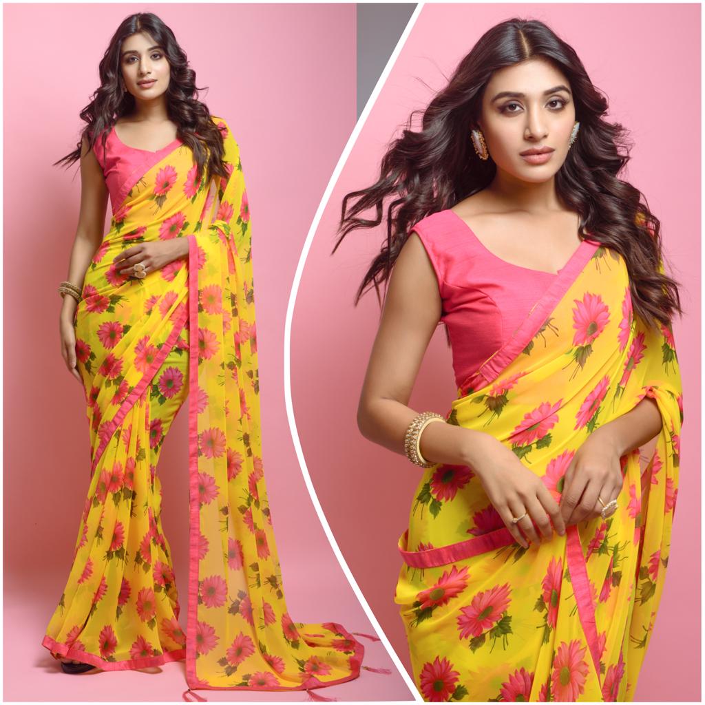 Yellow Floral printed Georgette Saree with Silk Blouse