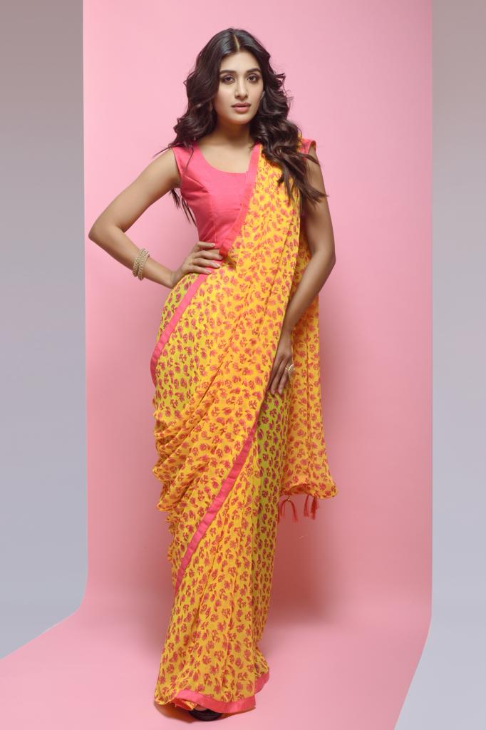 Yellow Floral printed Georgette Saree with Lace Border