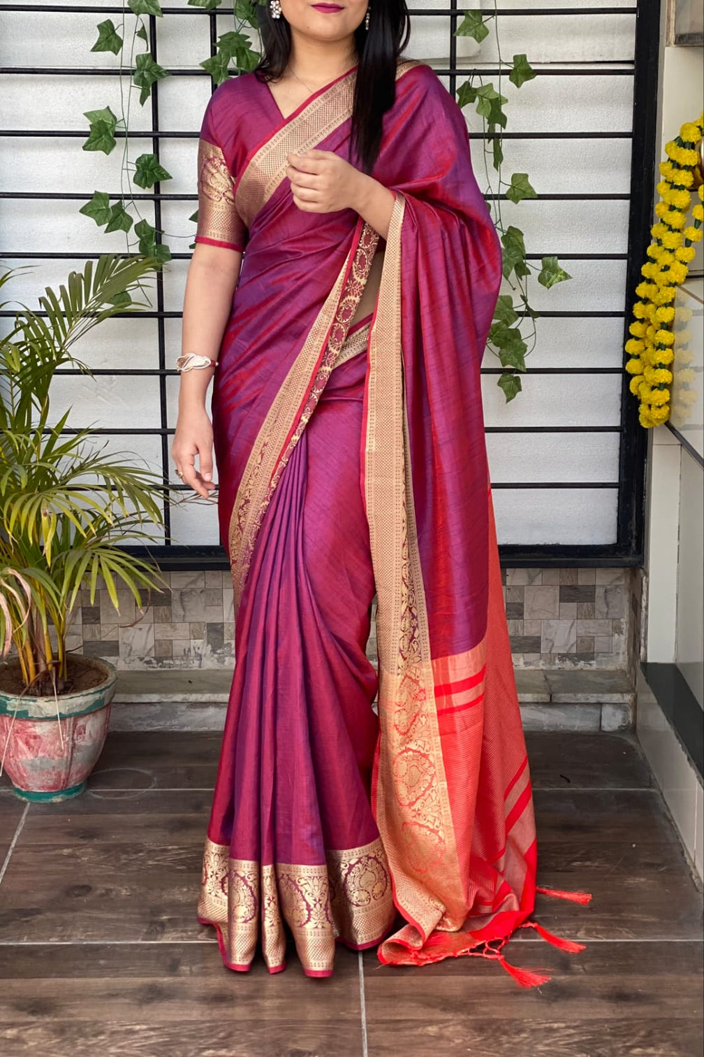 Wine Color Silk Saree with Jacquard Work