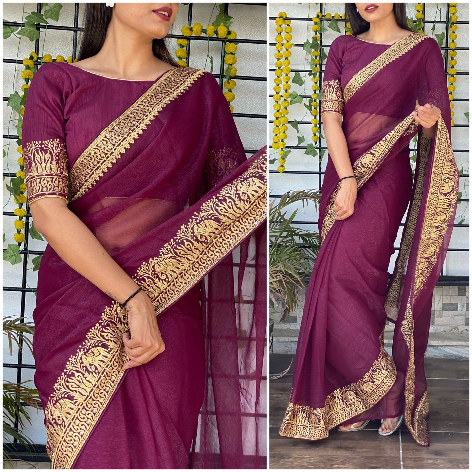 Purple Chiffon Saree with Zari embroidery and Stone Work