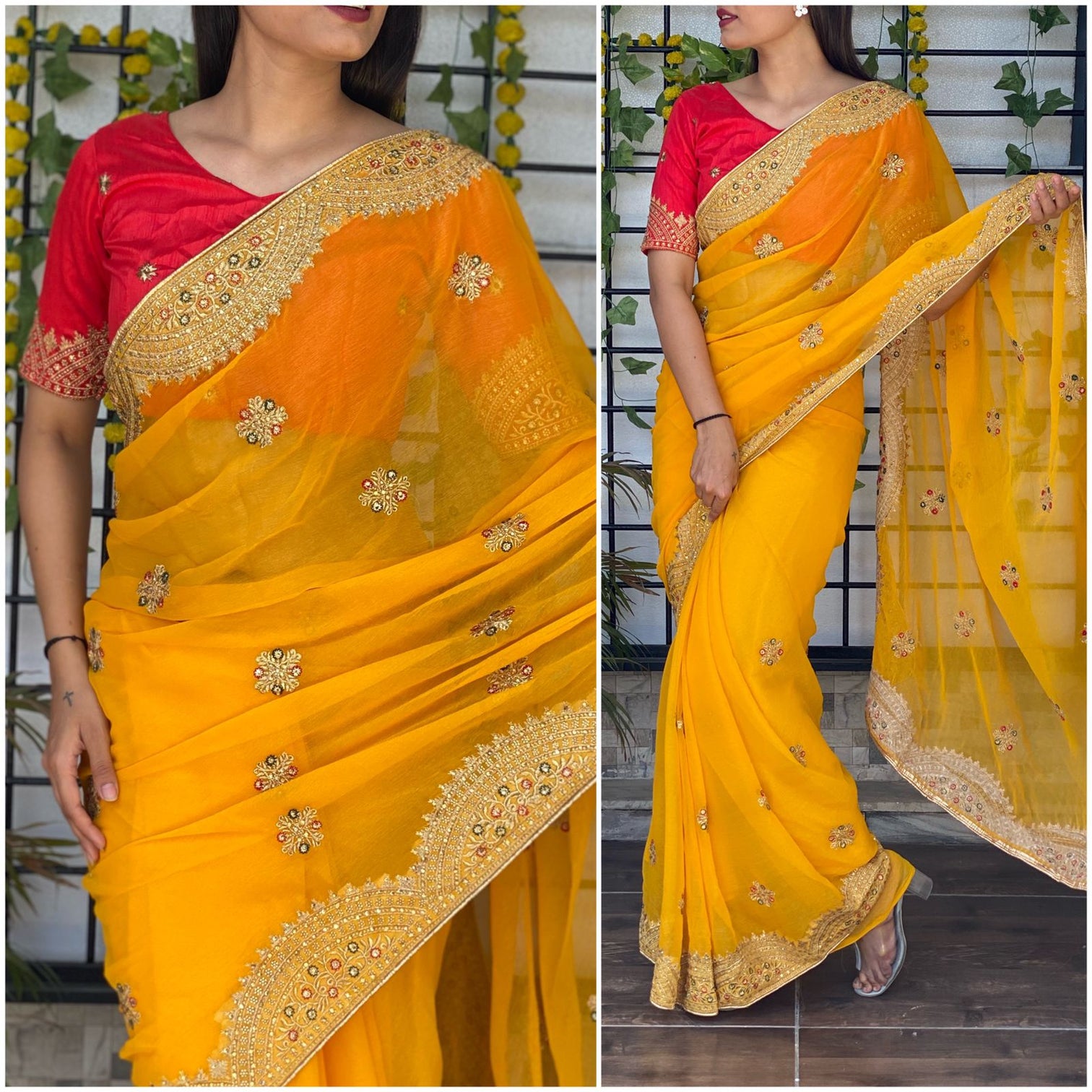 Yellow Chiffon Saree with Zari embroidery and Stone Work