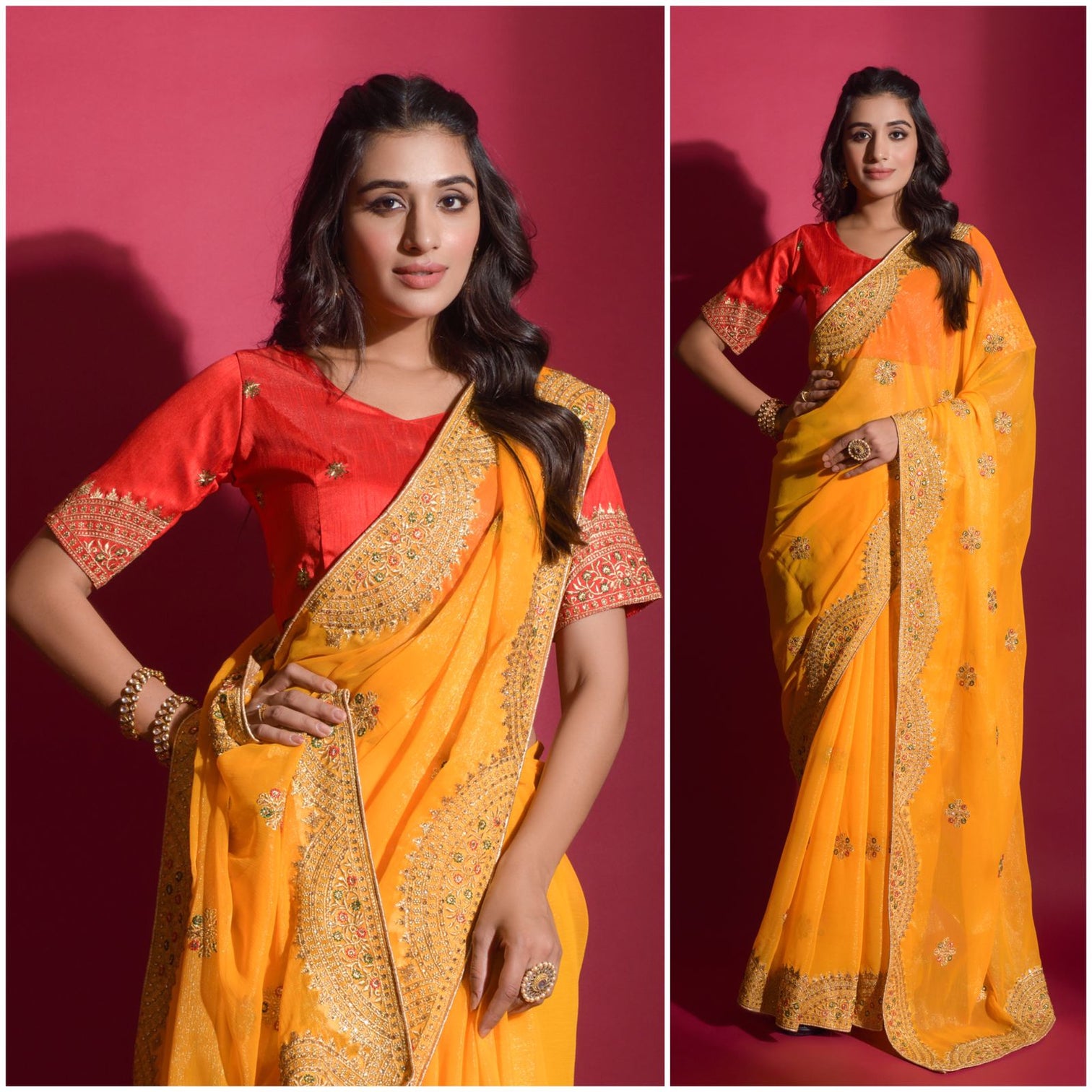 Yellow Chiffon Saree with Zari embroidery and Stone Work