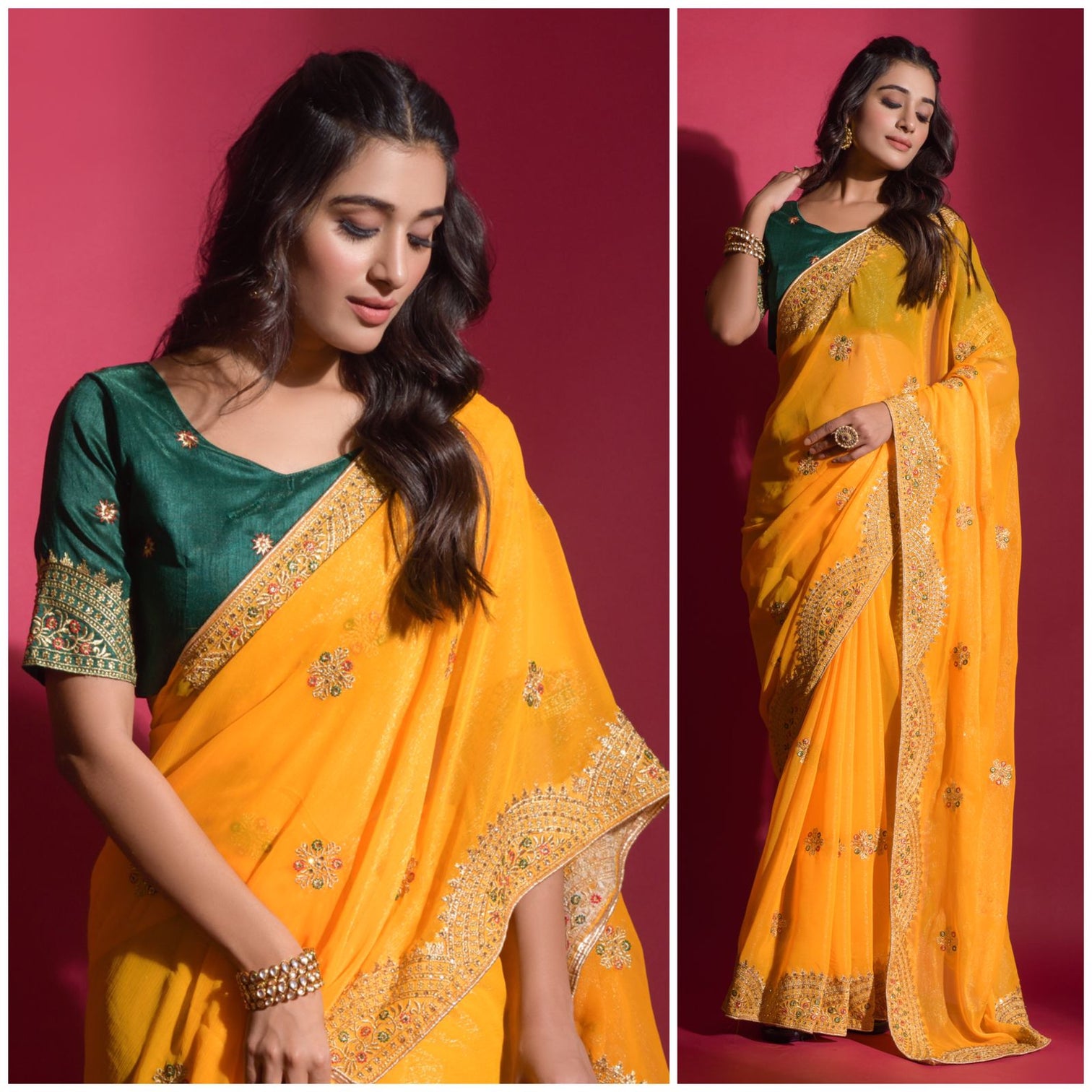 Yellow Chiffon Saree with Zari embroidery and Stone Work