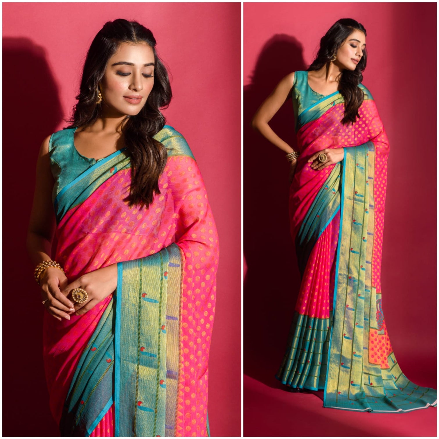 Pink and Blue Brasso Saree with patheni style Pattern