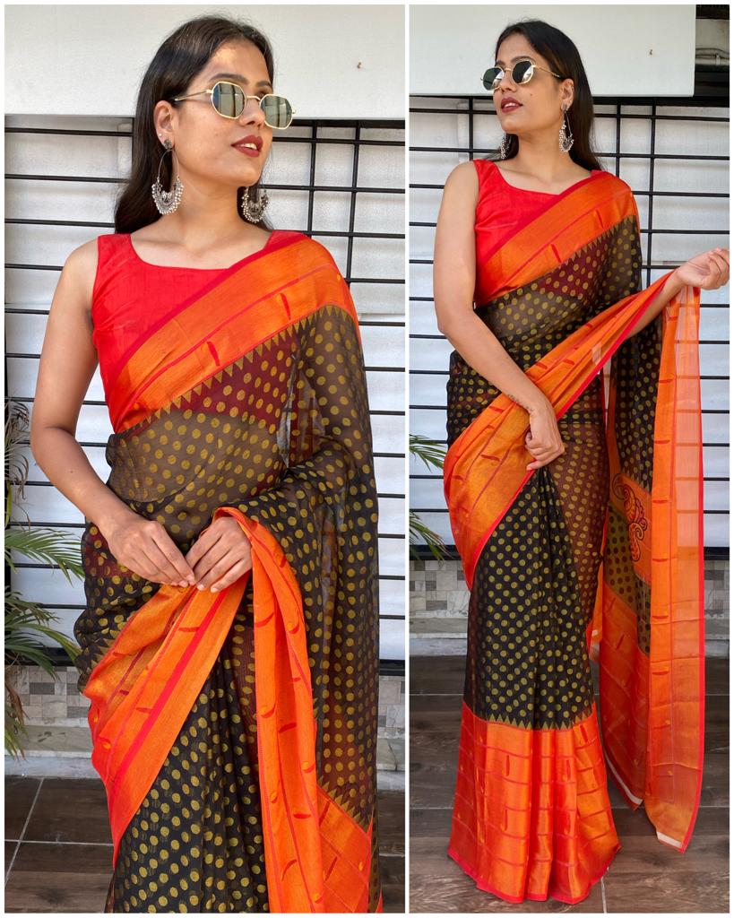 Red and Navy Blue Brasso Saree with patheni style Pattern